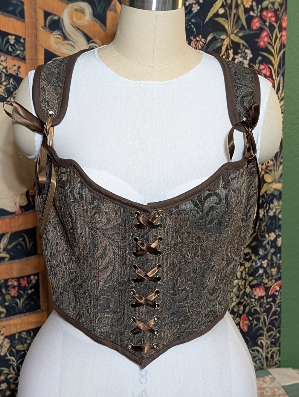 New Handmade Corset Bodice Brown Brocade Lace-up